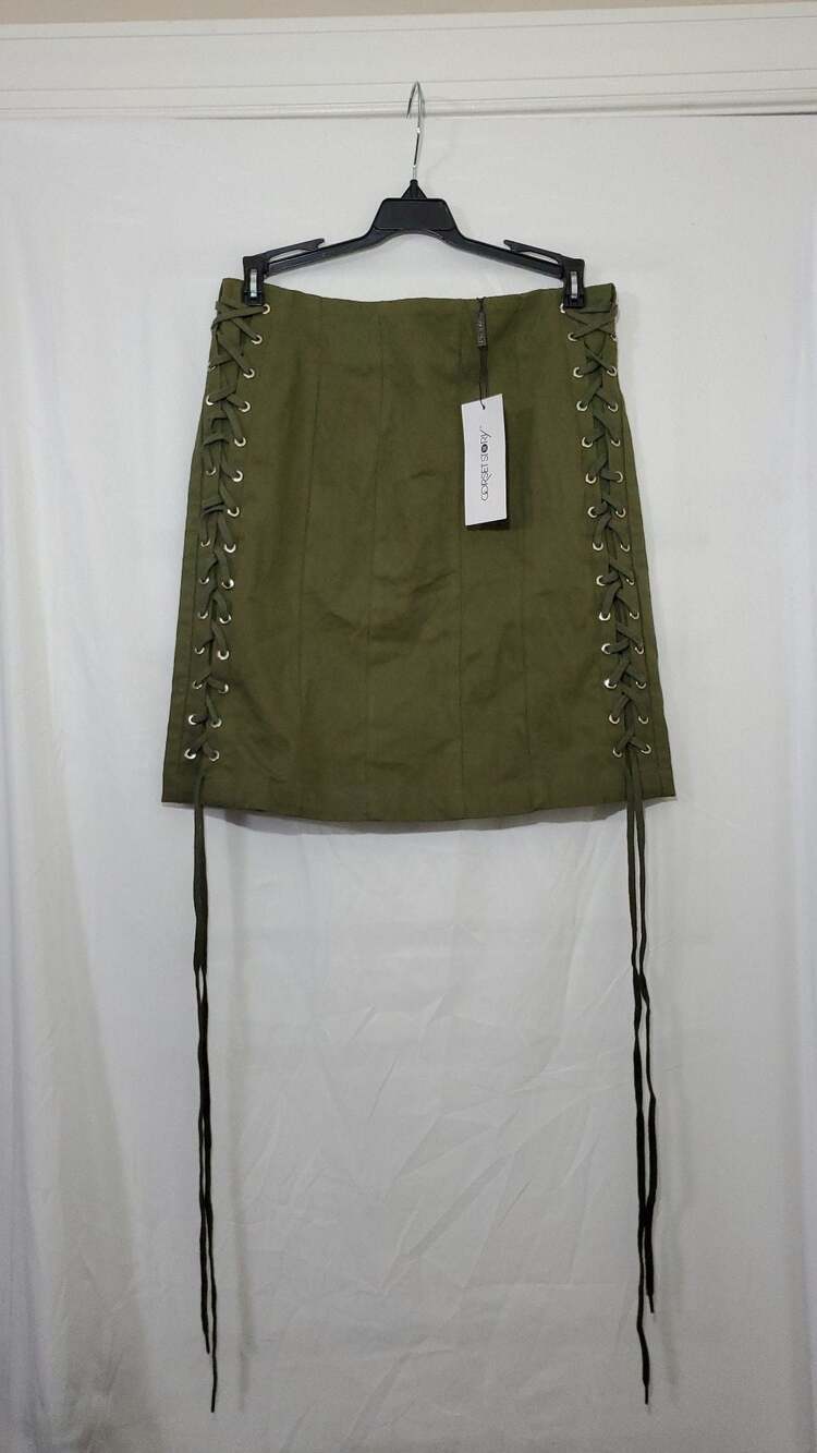Corset Story Olive Green Side Lace-Up Mini Skirt Size UK 4 US 0